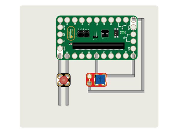 The potentiometer will be connected to GND, Pin 4, and 3.3V. Current flows through the potentiometer from 3.3V to GND and turning the knob changes the resistance, which is detected by Pin 4.