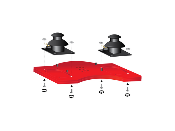 Position, and orient your two thumbsticks as shown. Secure each with two screws and nuts (nuts on top); hand-tightened at diagonally opposite corners.