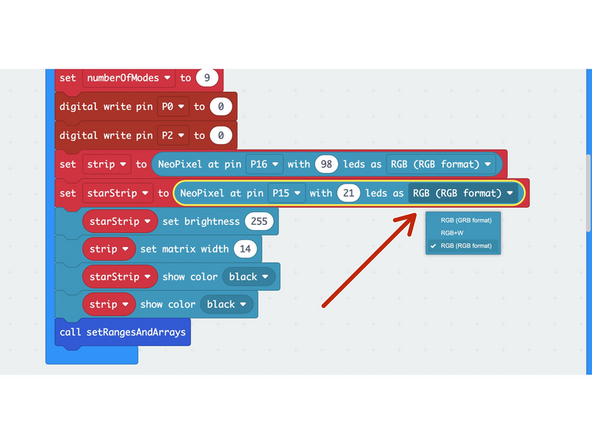 Tip: Do the colors look strange? It could be that your NeoPixel strip uses different RGB colors than mine! To fix it, experiment with changing the RGB color options in the &quot;set&quot; block (photo 2) for your strip.
