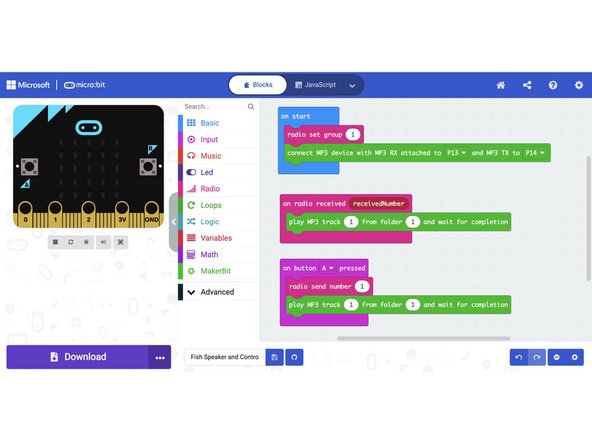 This code will set up the MP3 player and play the song when the button is pressed. It will also send a radio signal to the other micro:bit to make the fish dance. Download the code here.