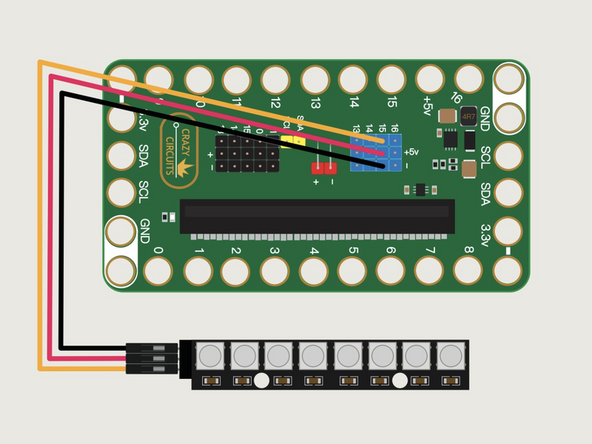 Note: On the NeoPixel string, one wire typically has a red line on it to indicate power, and the signal wire is typically in the center. However, that may be different depending on the brand, so experimentation may be necessary.