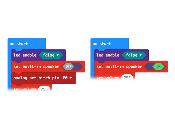 Our code is compatible with the micro:bit V1.x but if you are using a micro:bit V2 and prefer to use its built-in piezo speaker you can make the following changes to the code: