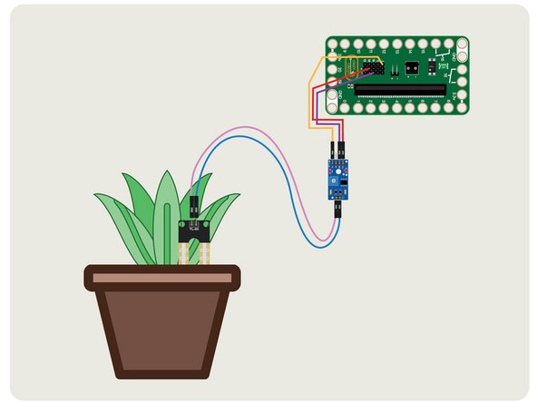 Grab your favorite houseplant and push the probe into the soil. You should start to see a new value scroll across the LED matrix on the micro:bit (unless the soil is too dry!)