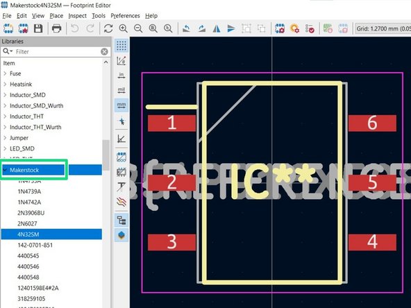 Confirm that you now see the Makerstock footprint library in the left column of libraries. Try double clicking on an arbitrary footprint within the library to confirm that the footprint is loaded on the right side of the screen.