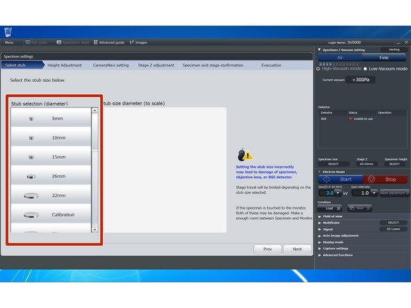 Choose the size of your sample mounting disk. Typically you will use 26mm, the diameter of the brass disk. If you have a different size mount you should use that if it appears in the list. If none of the choices are an exact match, choose a size larger than the disk your sample is mounted to. Click &quot;Next&quot;