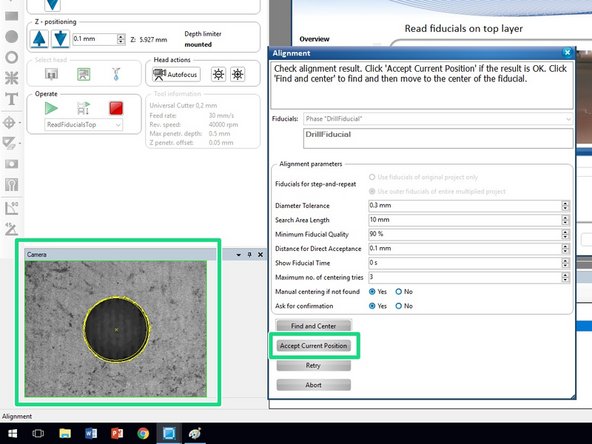Continue this process for the remaining fiducials.  After all of the fiducials have been recognized and their positions have been accepted, the mill will continue by milling the top copper layer of the PCB.