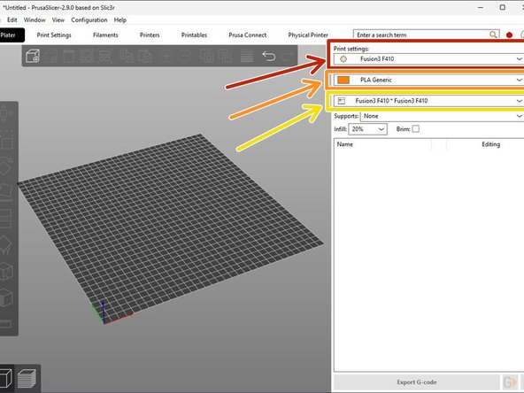 Verify &quot;Fusion3 F410&quot; is selected under &quot;Print settings&quot;