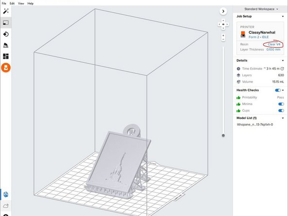 Verify the material type you intend to print with. The default material is the &quot;Clear V4&quot;