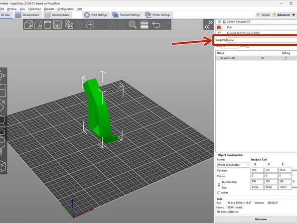 To control if and how automatic support material is generated, a drop down selection is found near the top right of the window just below the printer selection.