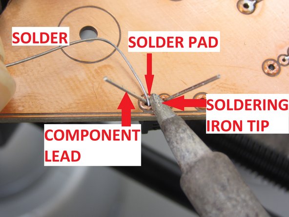 The proper way to solder is to transfer heat from the tip of the soldering iron to the component being soldered, and apply solder to the heated component at the junction between the iron’s tip and the component.