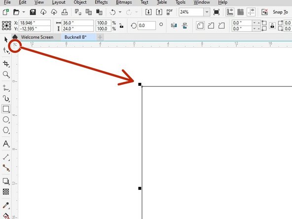 Under the house icon on the toolbar there is a small cross bow icon (located to the right of the black arrow). Click and drag this icon to the top left corner of the rectangle.