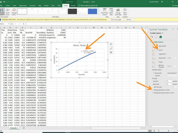 Modulus of Elasticity can also be calculated by finding the slope of the trend line assuming data is linear. Right clicking on points on the chart and choosing the trend line can give you these options.