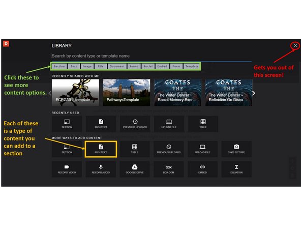 Content in Digication is added into sections by clicking the small blue + button that says Add Content.