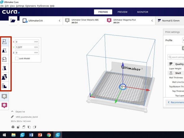 The adjustment tools are in the toolbar on the screen to the left. These tools will allow you to move, scale, rotate and mirror your part.