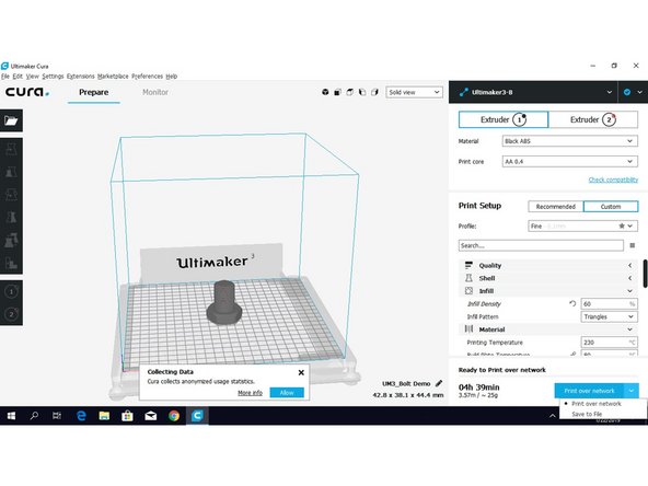 Once you are happy with your Part Position and the Print Setup you can send the file direct to the Ultimaker by selecting Print over network or you can save to a USB Drive.  Either method works.