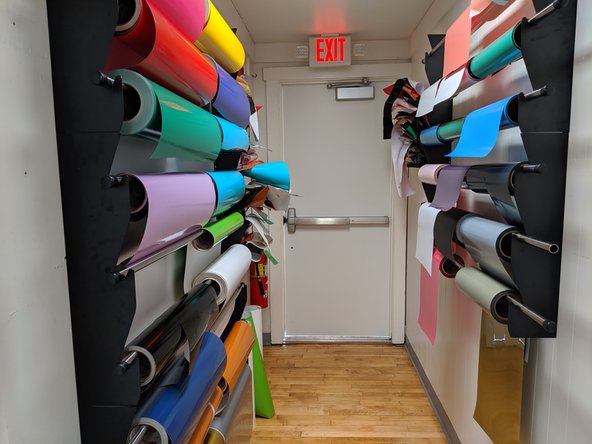 Now that you are ready to cut your image, please ask a student employee to assist you in getting the vinyl from the vinyl wall. Decal/sticker vinyl is on the left. Heat press vinyl is on the right and instructions on how to use it can be found in the T-Shirt press tutorial.