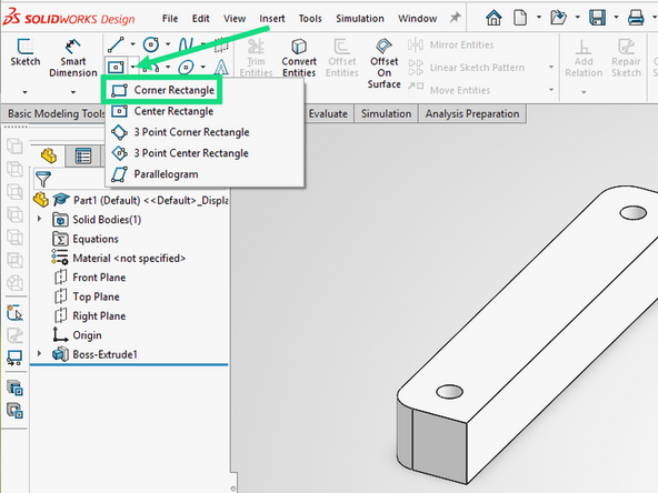 Return to the Sketch tab and choose to sketch a Corner rectangle.  You may need to click the small arrow to the right of the Center rectangle tool to display a drop down menu where you can choose Corner rectangle.