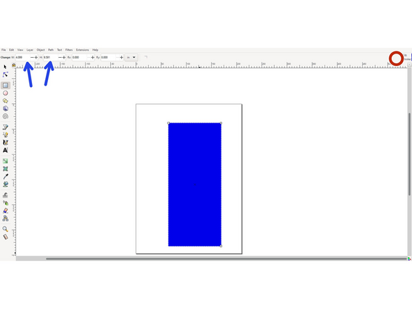 Make sure the size of the rectangle is the size of your workspace on your tumbler/work piece. Change size of rectangle by clocking on it and editing the numbers on the top of Inkscape (indicated by the blue arrows).