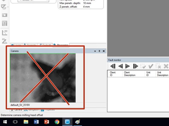 If the camera output displays anything other than a uniform, light colored background while the crosshairs are in the orange box, it means that the camera is looking at a part of the copper clad that is not ideal:  pre-existing drill holes or routes, a board edge, or no board at all.