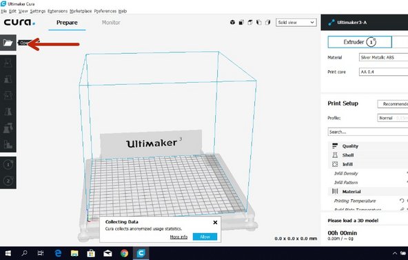 Load a 3D model into Cura via the open file button from the toolbar on the left of the screen.