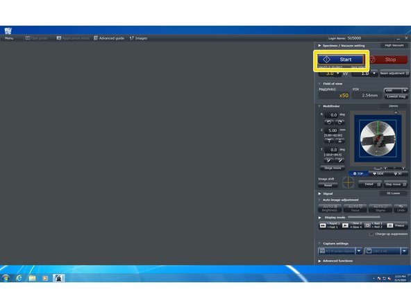 Once the chamber has reached a vacuum, you can engage the beam. Good starting settings for the beam are an energy of 3kV and a spot size of 1.0.