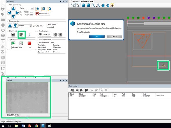 After you have clicked on a spot where you would like to test the milling width, confirm that: