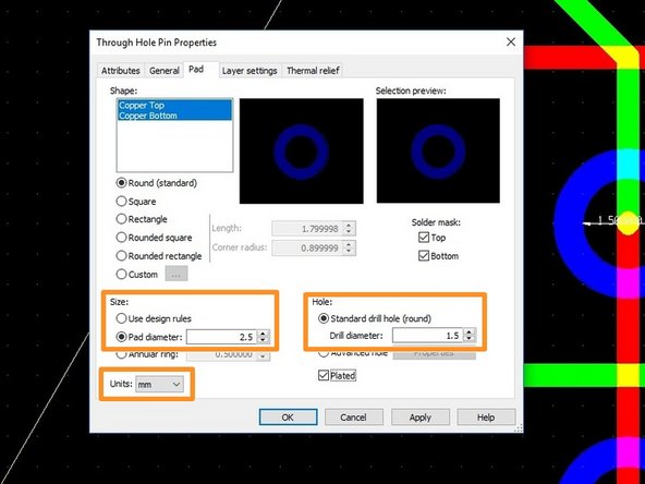 The process used in the Maker-E to realize through hole plating requires a hole size of 1.5 mm and a pad diameter of 2.5 mm.