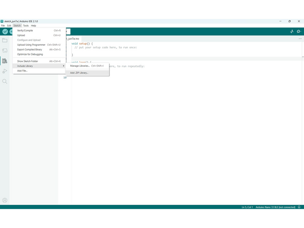 Once you have Arduino IDE open, go to Sketch > Include Library > Add .ZIP library...
