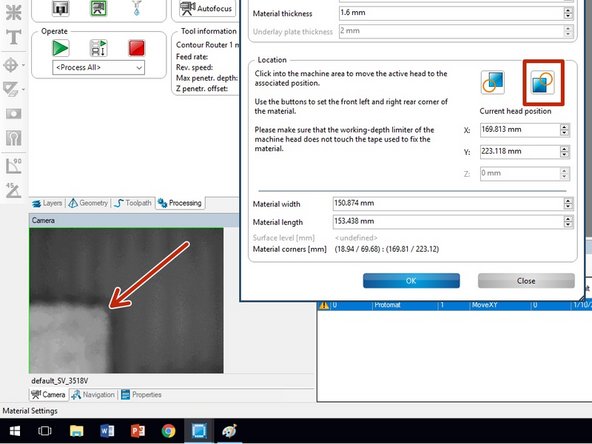 Repeat the previous few steps to locate the top right corner of the copper clad material.  When you have the corner in the center of the camera display, click on the corresponding button in the Material Settings window.