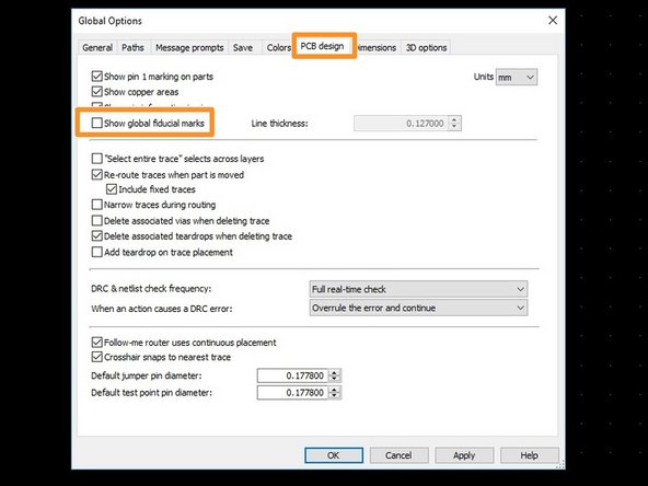 Open the PCB Design options window by clicking on Options -&gt; Global options within the menu bar.