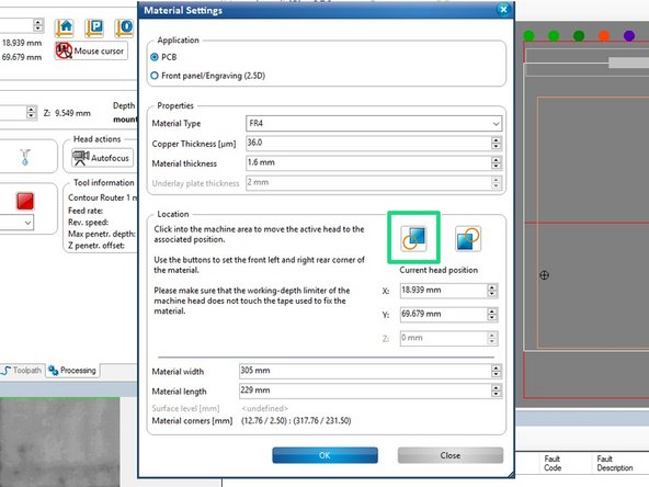 When you are happy with the location, click on the button in the Material Settings window to lock in the bottom left corner.