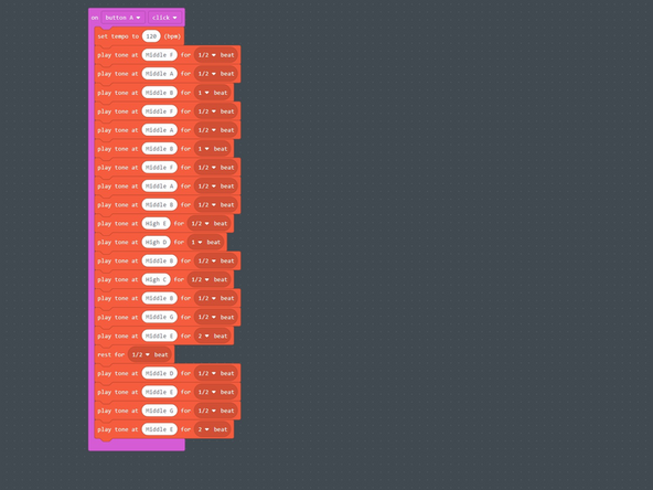 First, set the tempo by using the set tempo block.