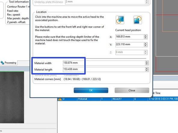 Confirm that the dimensions of the copper clad board are within a few millimeters of 152mm x 152mm, which corresponds to the 6&quot; x 6&quot; boards used in the Maker-E.  If your dimensions are significantly off, repeat the last few steps or ask a technician for help.