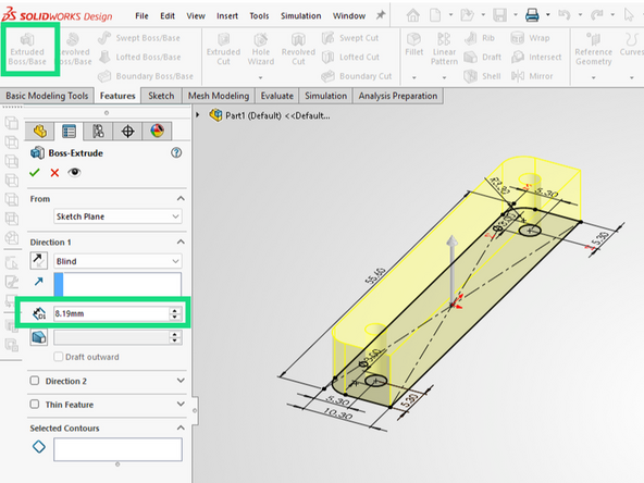 Click the Extruded Boss/Base button from the Features tab.  Your sketch should rotate and a yellow preview of the extrusion will appear.