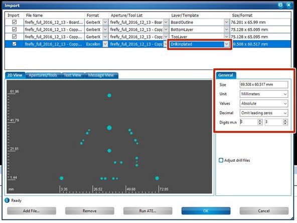 Finally, move on to your NC drill file, which should end in &quot;- Copper Top-Copper Bottom.drl&quot; if you exported from Ultiboard.  Pull down the Layer/Template menu for your drill file and choose the DrillUnplated layer.  The image of the drill holes should turn teal.