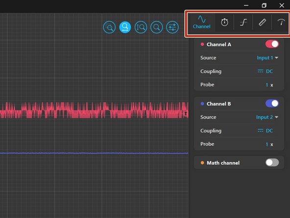 Most of the scope options are found on the right had side of the screen. The options are channel, timebase, trigger, measurement, and voltmeter.