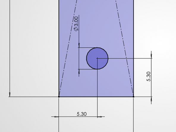 Use the Smart Dimension tool to give the circle a diameter of 3.0 mm and position it 5.3 mm from the left and bottom edges.  See the second image.