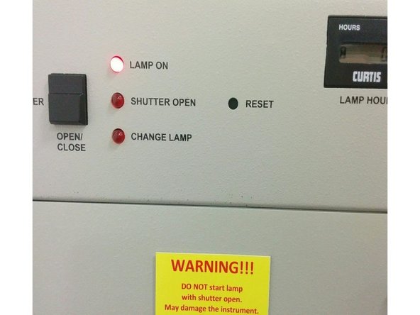 If you see the lamp on indicator on but  shutter open indicator off (you do not see any light shining onto the solar cell but notice there is light coming out from the back of the lamp house and you don’t hear the sound of shutter open),  you need to open the shutter by pressing the shutter open/close button on the top-left side of the lamp house.