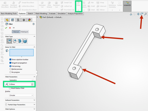 The final step is to add two more fillets.  This time we will add fillets directly to existing extrusions as opposed to adding them to a 2D sketch as we did in a previous step.