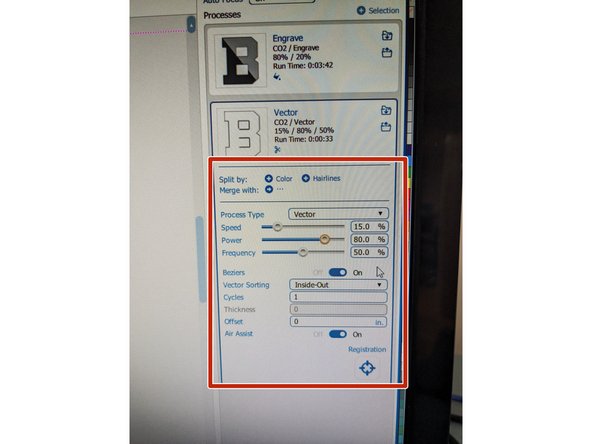Input the Power and Speed settings for the material you are working with by inputting the % into the Speed and Power lines. Remember whether you are engraving or cutting.