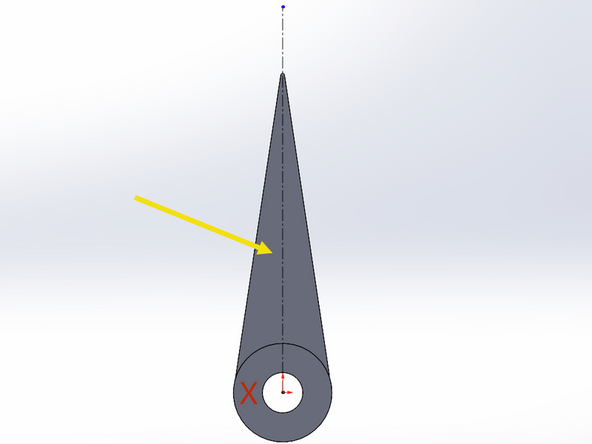 Draw a Centerline that is anchored at the origin &amp; extends up beyond the tip of the arm. This line should be drawn on the face of the arm (yellow arrow) and not on the face of the extrusion (red X). Make sure the line is orthogonal with the axes like you did with your previous center line!  Look for the yellow indicator symbol like last time.