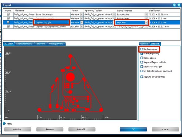 Now move on to your copper top file,  which should end in &quot;- Copper Top.gbr&quot; if you exported from Ultiboard.  Within the Options tab deselect Use layer name.