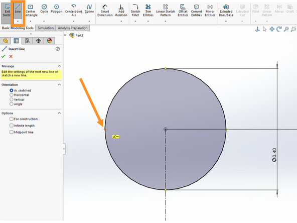 Within the Basic Modeling Tools tab choose to create a Line.  Use your mouse scroll wheel to zoom in on the small circle if you have not already done so.  Hover over the left edge of the small circle.  An orange anchor point should appear.  Click this point to anchor the line to be tangent to the left side of the circle.