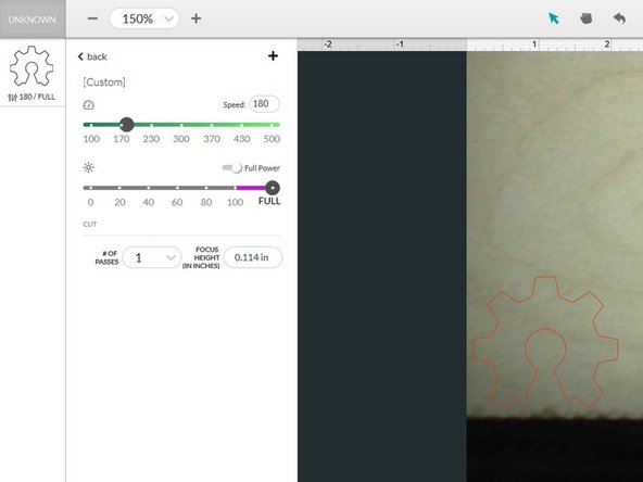 For this example we are using 1/8&quot; (3mm) baltic birch plywood so we use a Speed setting of 180 and a Power setting of Full.