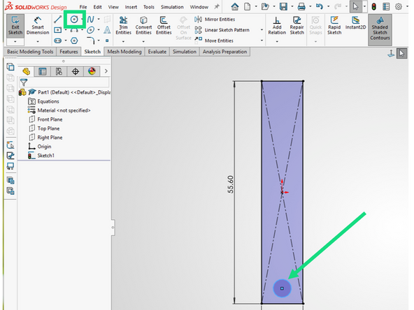 Click the Circle button from the Sketch tab and place a circle near the bottom of the rectangle.