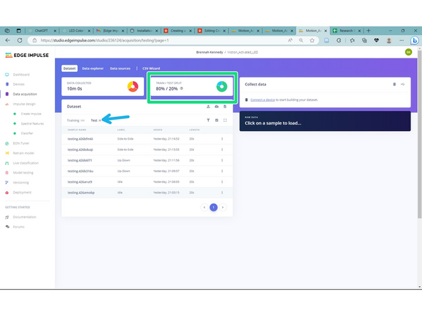 When you test the data, you will see something like in Image 2. The "Expected Outcome" will be listed as "testing," change this to whatever motion you were doing. In this case I was moving it Side-to-Side.