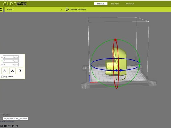 Once your model is uploaded, you may need to reconfigure the size or positioning. This means you want the flattest area that covers the greatest amount of surface area to be level with the 3D printer bed.