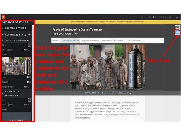 The first image shows some major sections of the top of the ePortfolio screen.