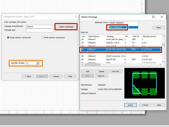 In the next window you will be prompted to choose a package. Click on the Select a Package button and navigate to your user database. Locate the footprint you created previously.