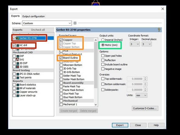 To export your Gerber files, select File -&gt; Export from the menu bar.  In the left box of the window that appears, be sure to check the boxes for Gerber RS-274X and NC drill.
